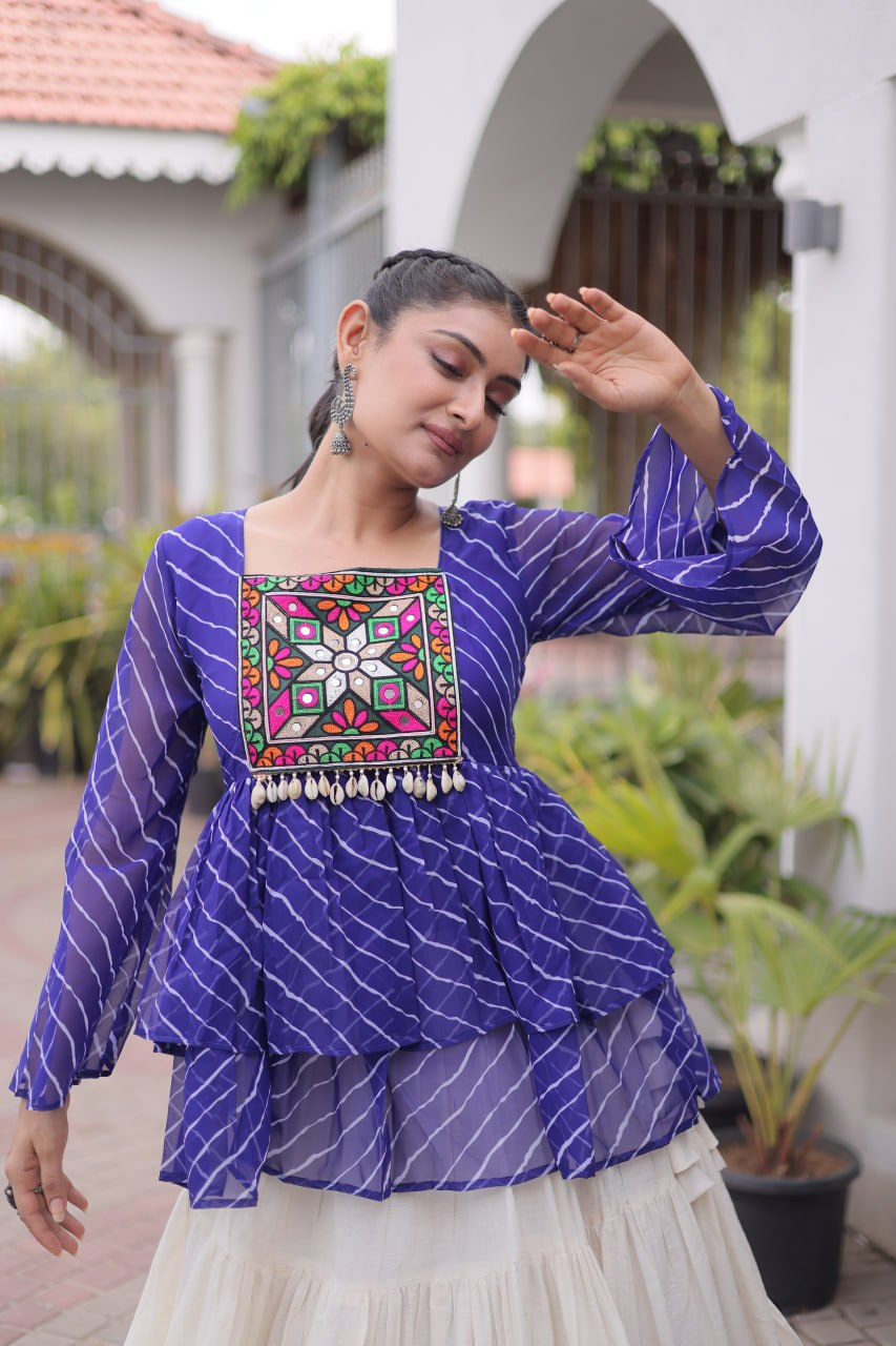 Blue Laheriya Kutchi Work Top with Kora Cotton Lehenga