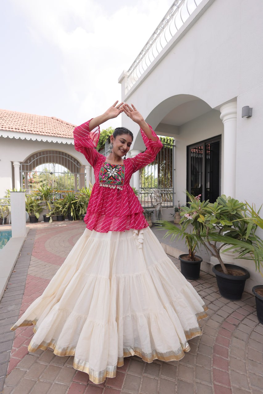 Pink Laheriya Kutchi Work Top with Kora Cotton Lehenga