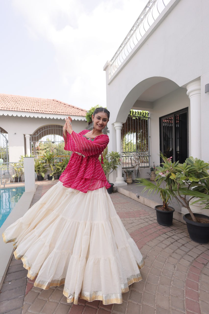 Pink Laheriya Kutchi Work Top with Kora Cotton Lehenga