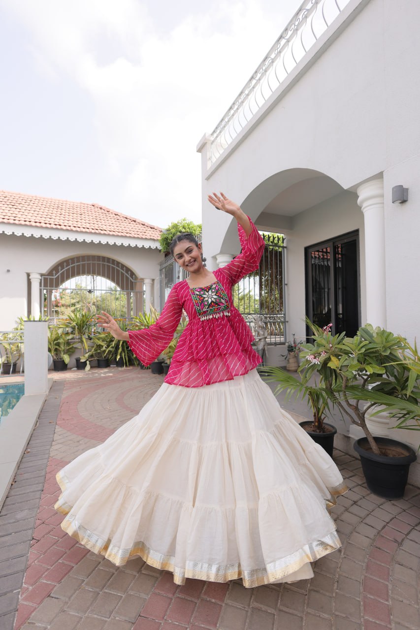 Pink Laheriya Kutchi Work Top with Kora Cotton Lehenga