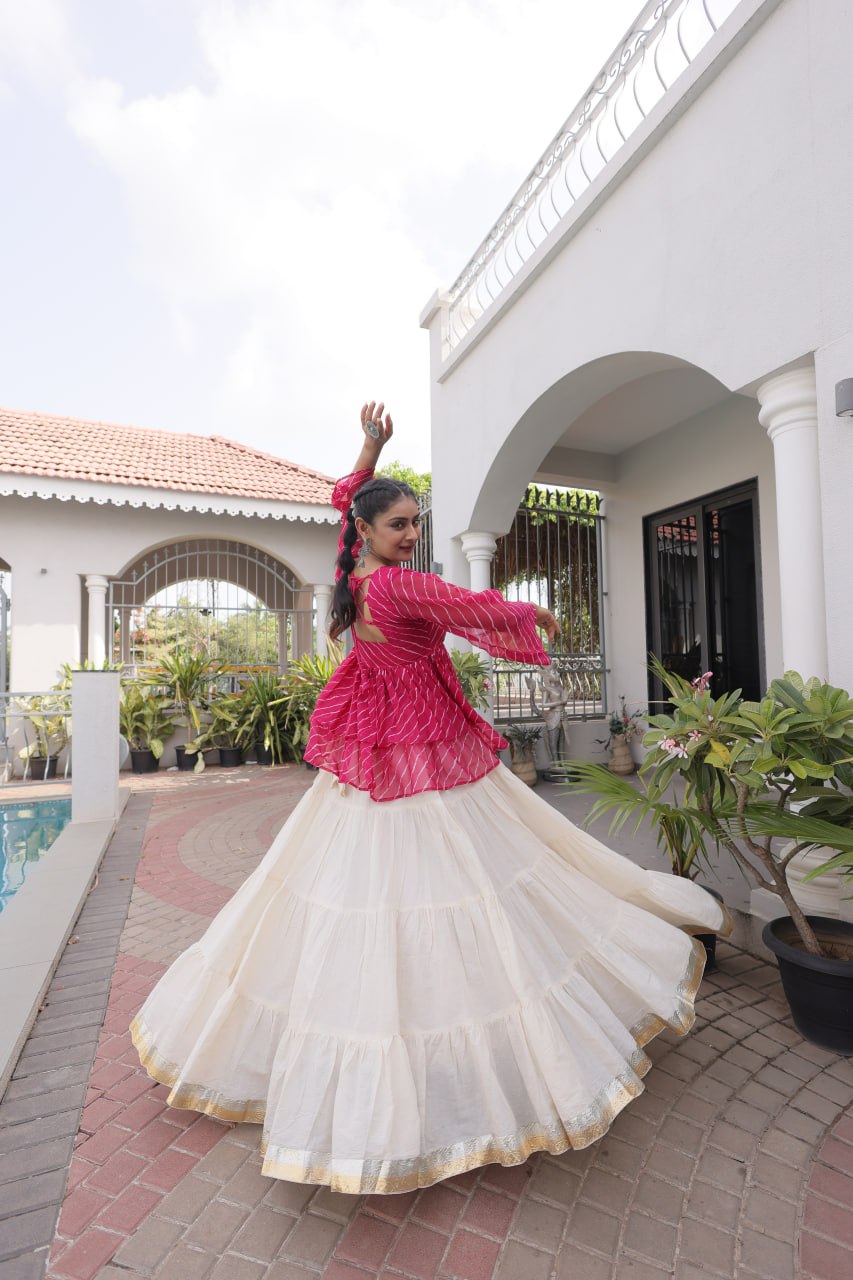Pink Laheriya Kutchi Work Top with Kora Cotton Lehenga