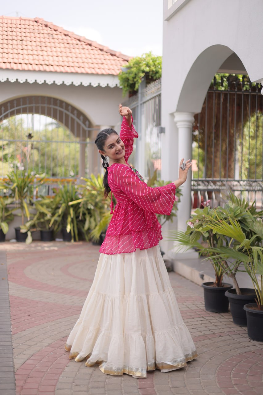 Pink Laheriya Kutchi Work Top with Kora Cotton Lehenga