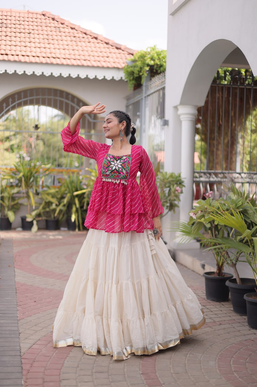 Pink Laheriya Kutchi Work Top with Kora Cotton Lehenga