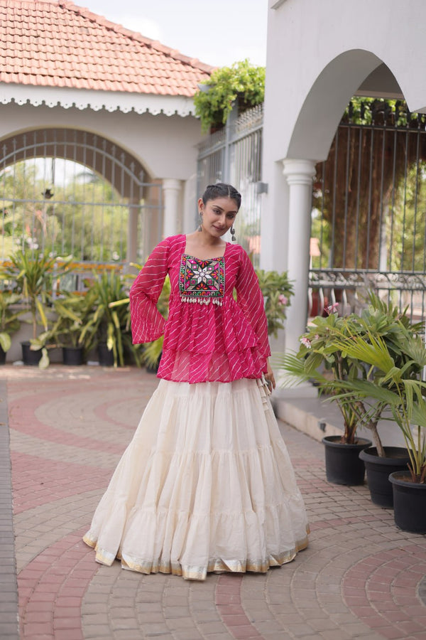 Pink Laheriya Kutchi Work Top with Kora Cotton Lehenga