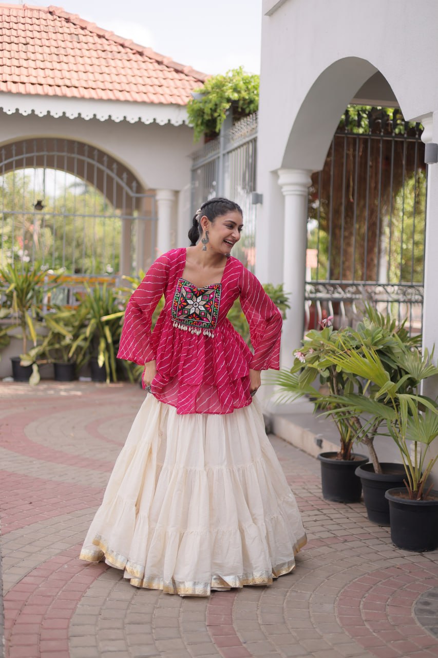 Pink Laheriya Kutchi Work Top with Kora Cotton Lehenga