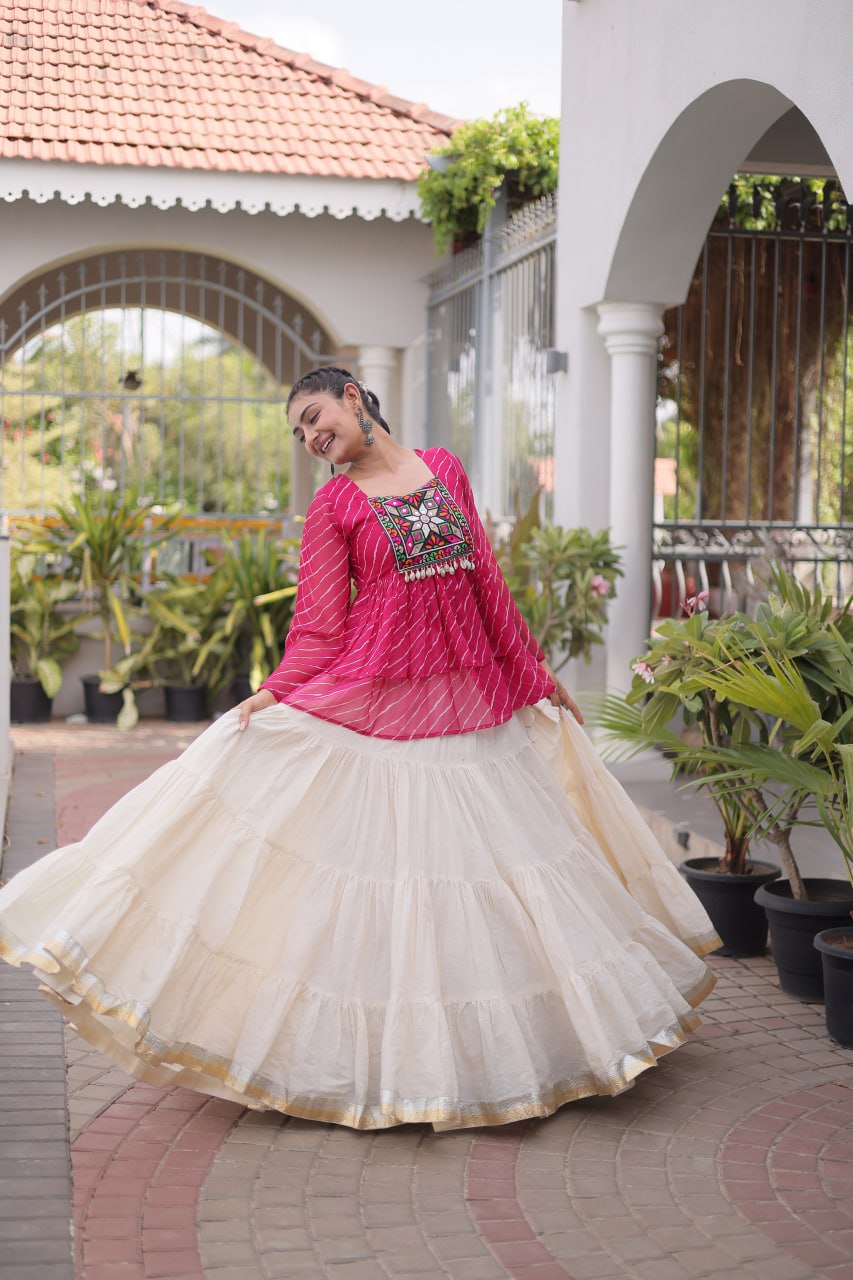 Pink Laheriya Kutchi Work Top with Kora Cotton Lehenga