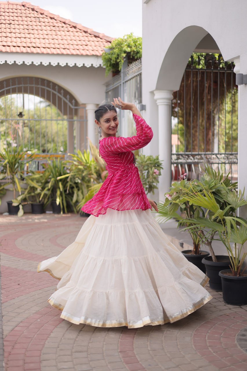 Pink Laheriya Kutchi Work Top with Kora Cotton Lehenga