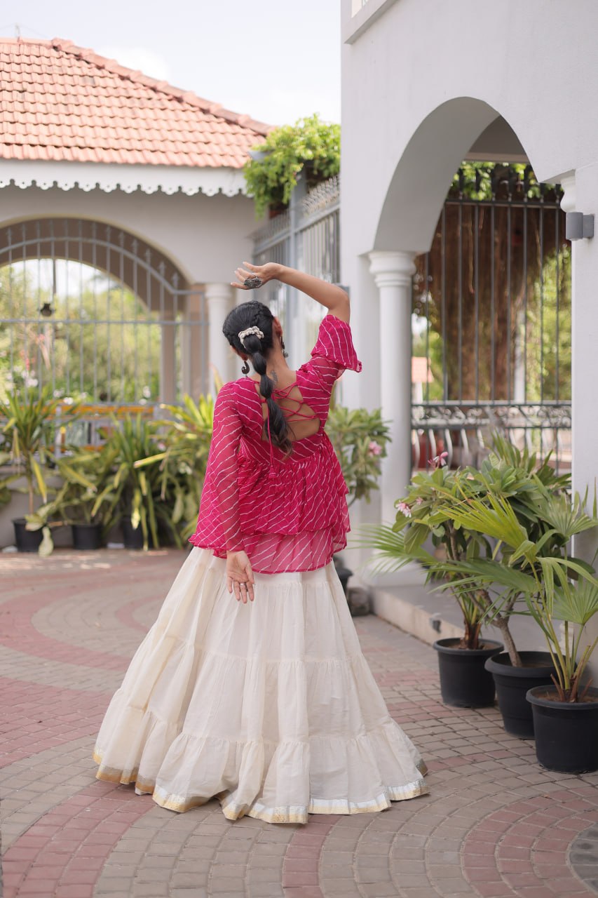 Pink Laheriya Kutchi Work Top with Kora Cotton Lehenga