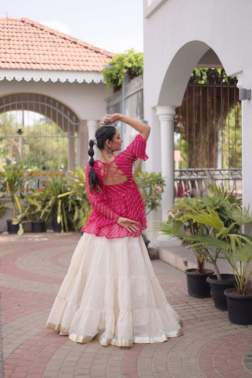 Pink Laheriya Kutchi Work Top with Kora Cotton Lehenga