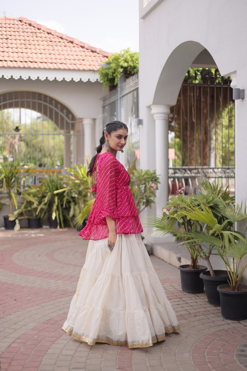 Pink Laheriya Kutchi Work Top with Kora Cotton Lehenga