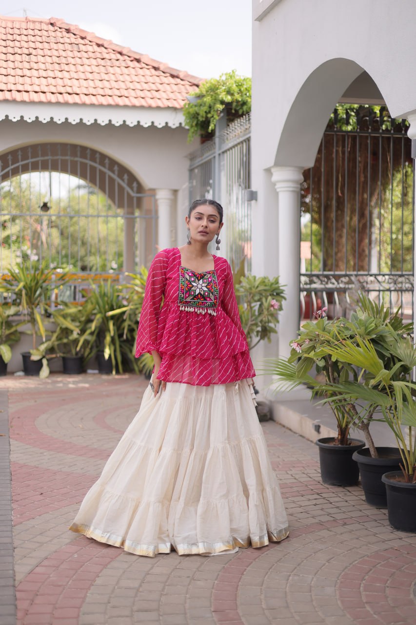 Pink Laheriya Kutchi Work Top with Kora Cotton Lehenga