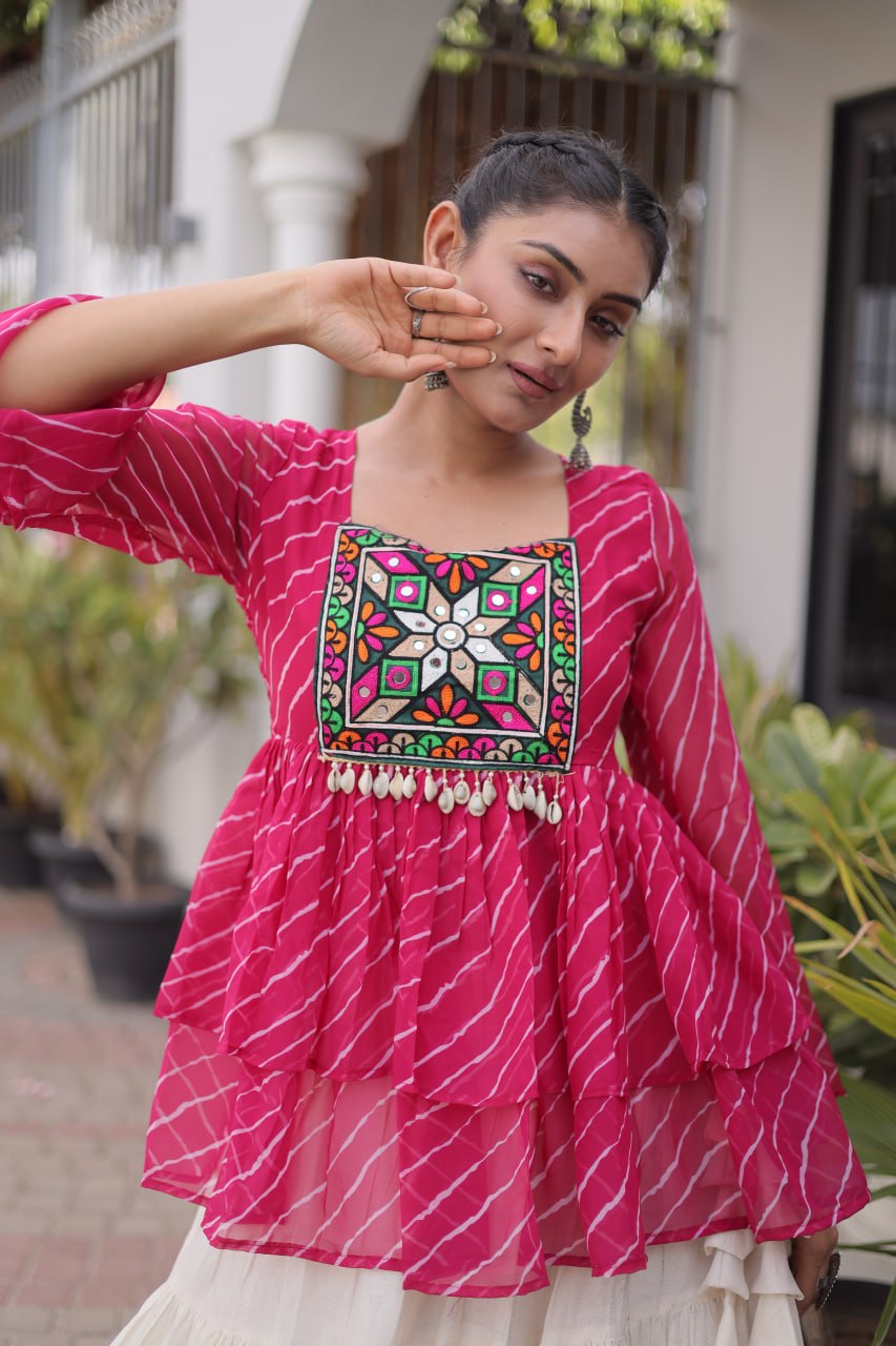 Pink Laheriya Kutchi Work Top with Kora Cotton Lehenga