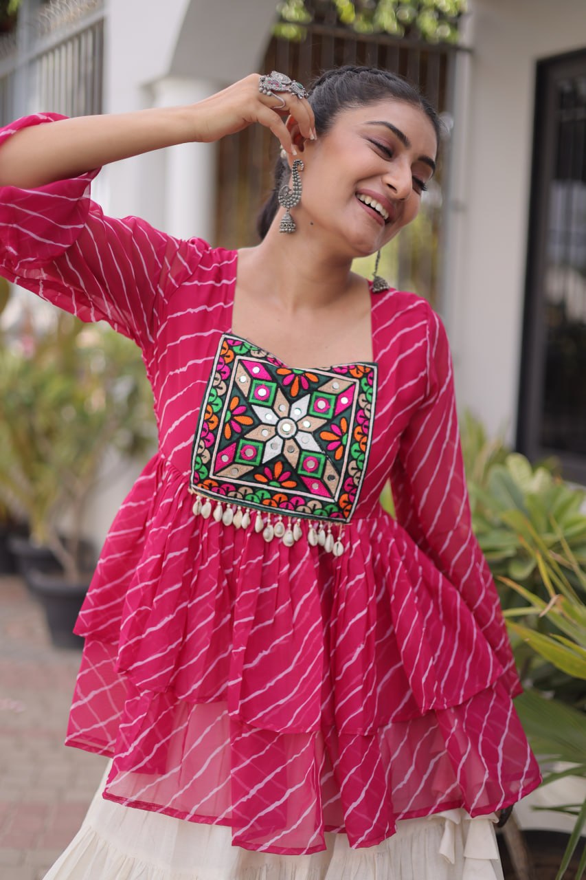 Pink Laheriya Kutchi Work Top with Kora Cotton Lehenga