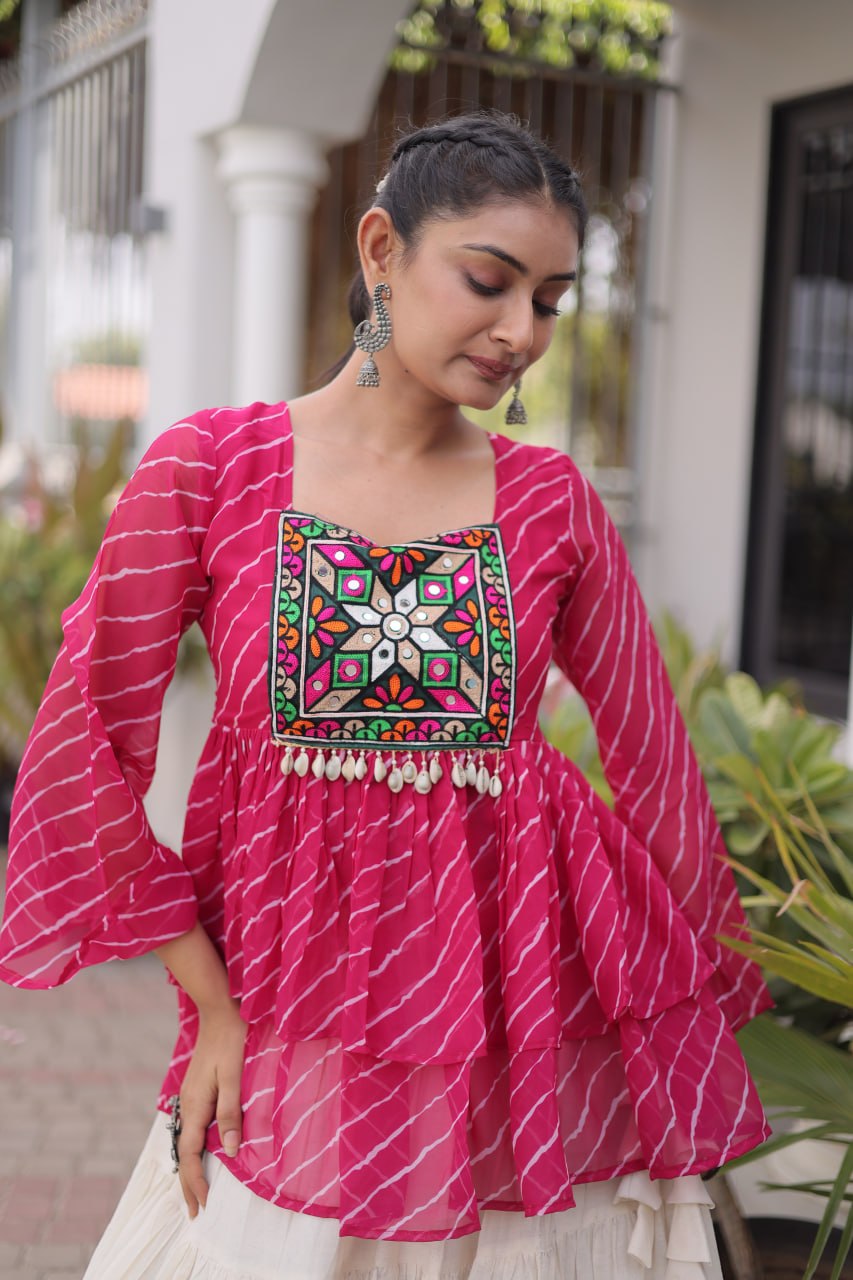 Pink Laheriya Kutchi Work Top with Kora Cotton Lehenga