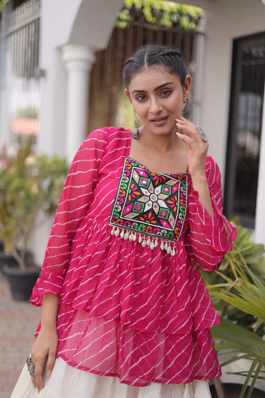 Pink Laheriya Kutchi Work Top with Kora Cotton Lehenga
