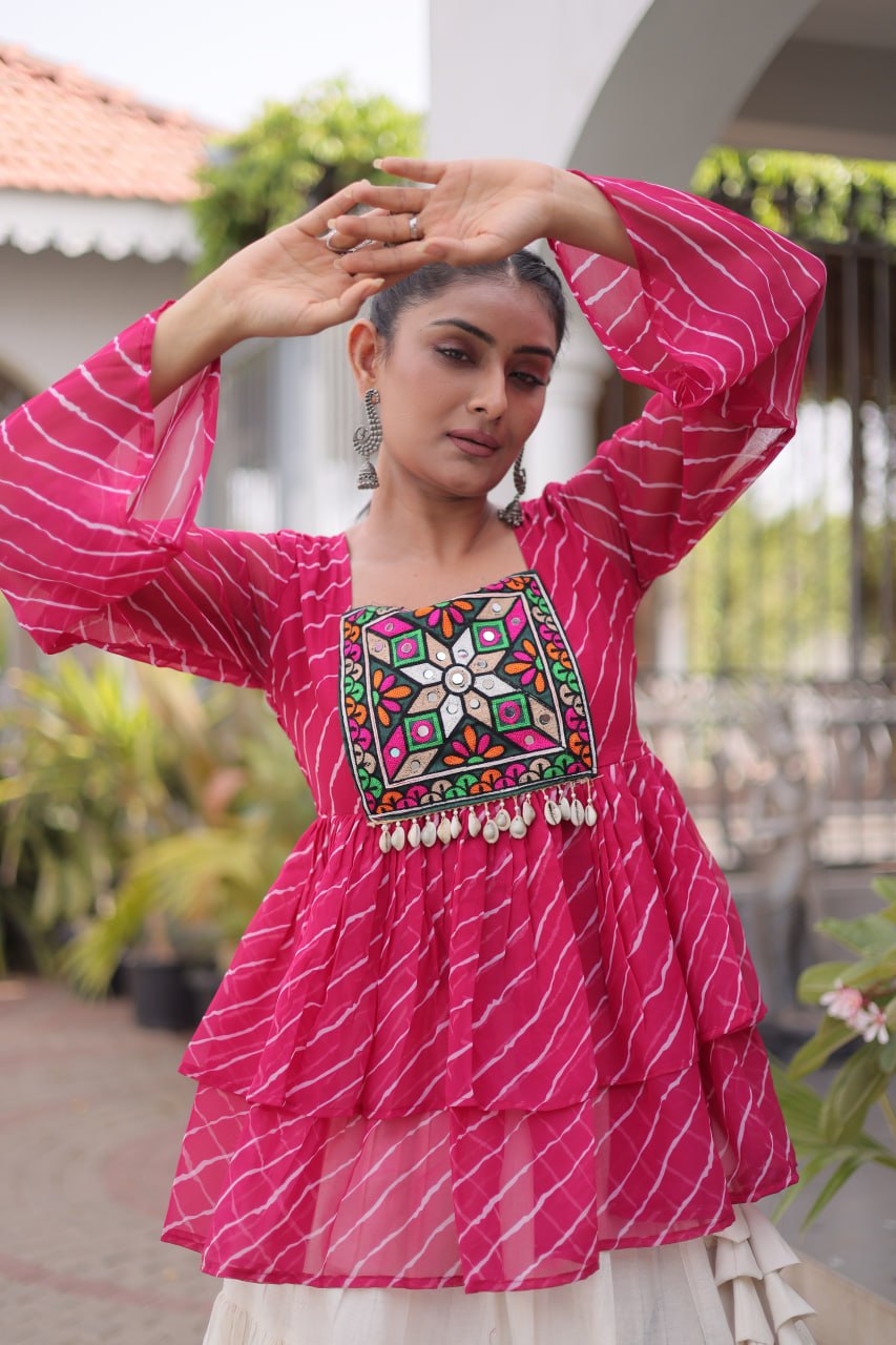 Pink Laheriya Kutchi Work Top with Kora Cotton Lehenga