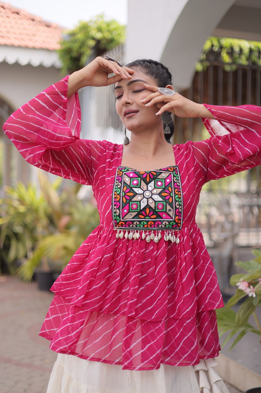 Pink Laheriya Kutchi Work Top with Kora Cotton Lehenga