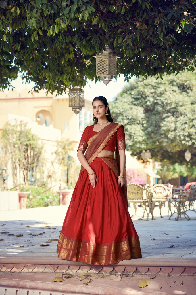 Rust South Indian Poly Cotton Lehenga Choli Set