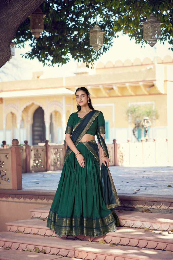 Dark Green South Indian Poly Cotton Lehenga Choli Set