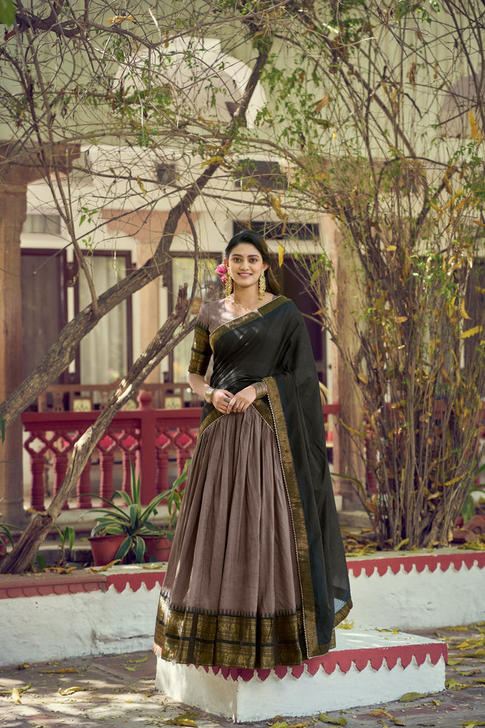 Brown South Indian Poly Cotton Lehenga Choli Set