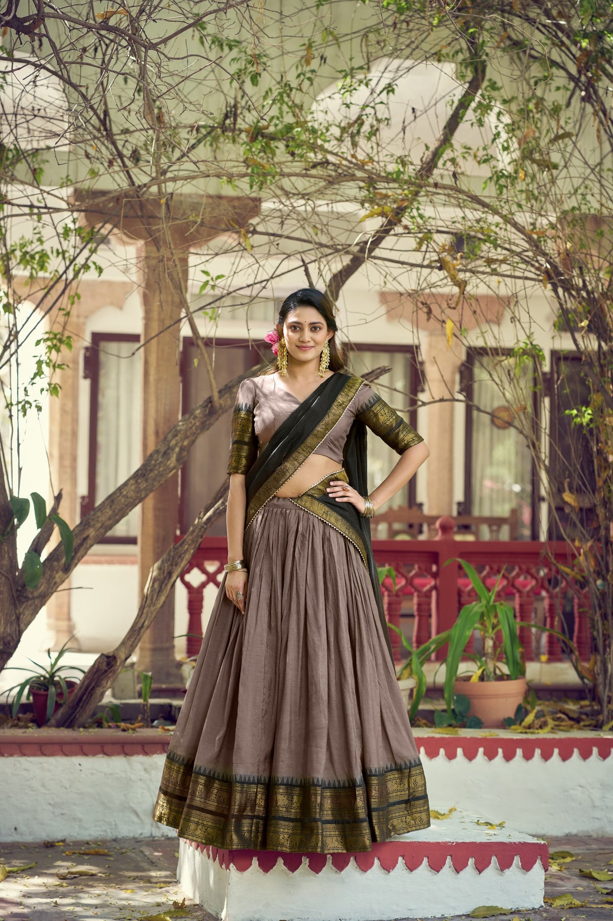 Brown South Indian Poly Cotton Lehenga Choli Set