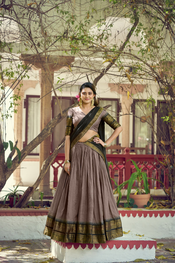 Brown South Indian Poly Cotton Lehenga Choli Set