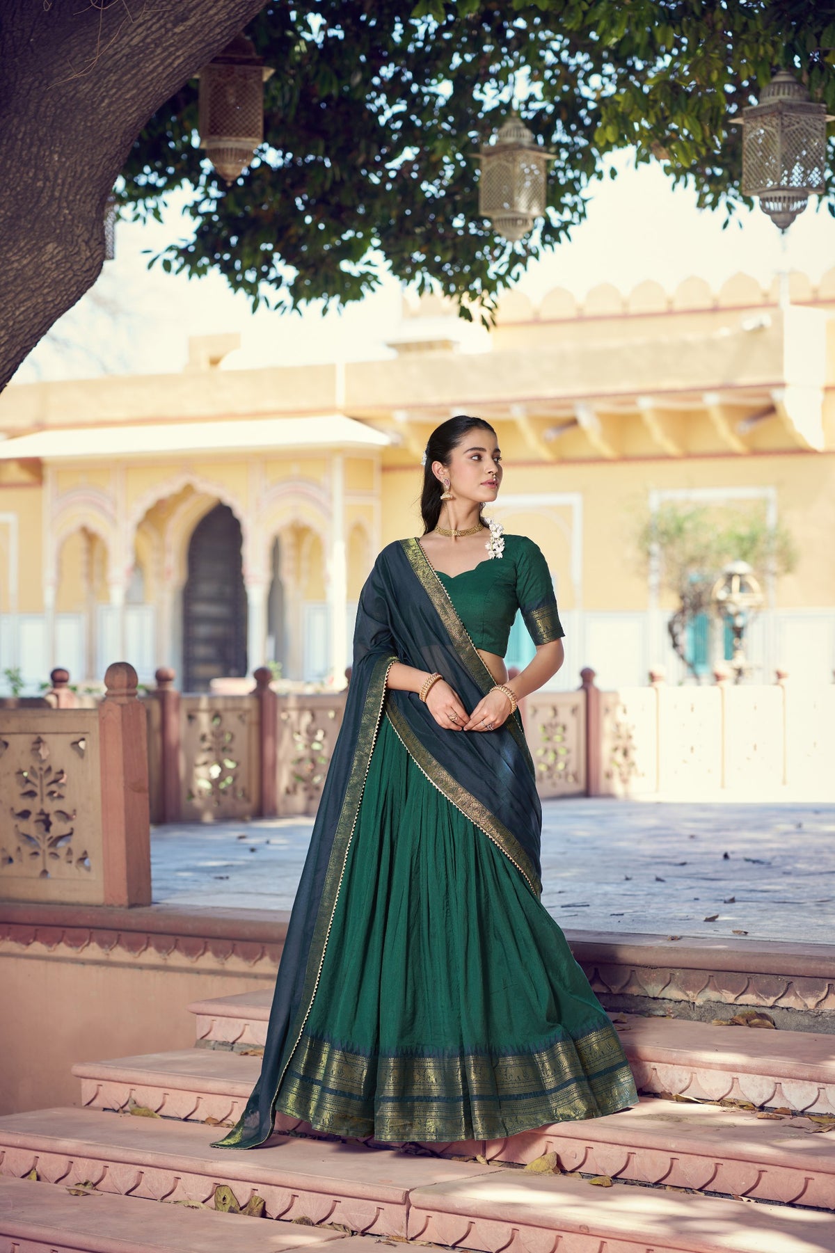 Dark Green South Indian Poly Cotton Lehenga Choli Set