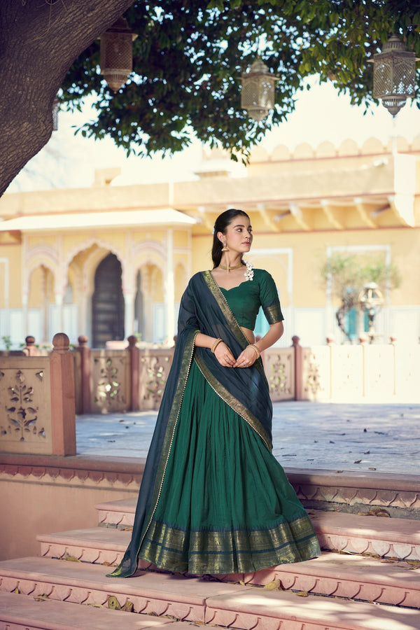 Dark Green South Indian Poly Cotton Lehenga Choli Set
