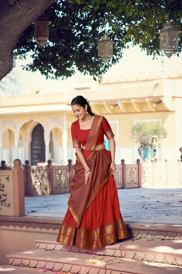 Rust South Indian Poly Cotton Lehenga Choli Set