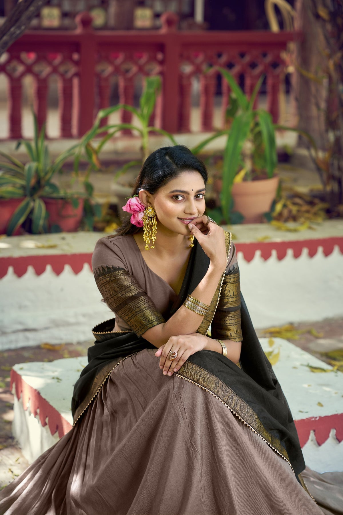 Brown South Indian Poly Cotton Lehenga Choli Set