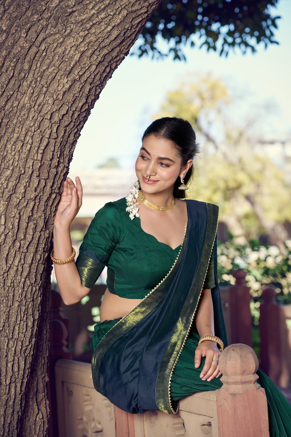 Dark Green South Indian Poly Cotton Lehenga Choli Set