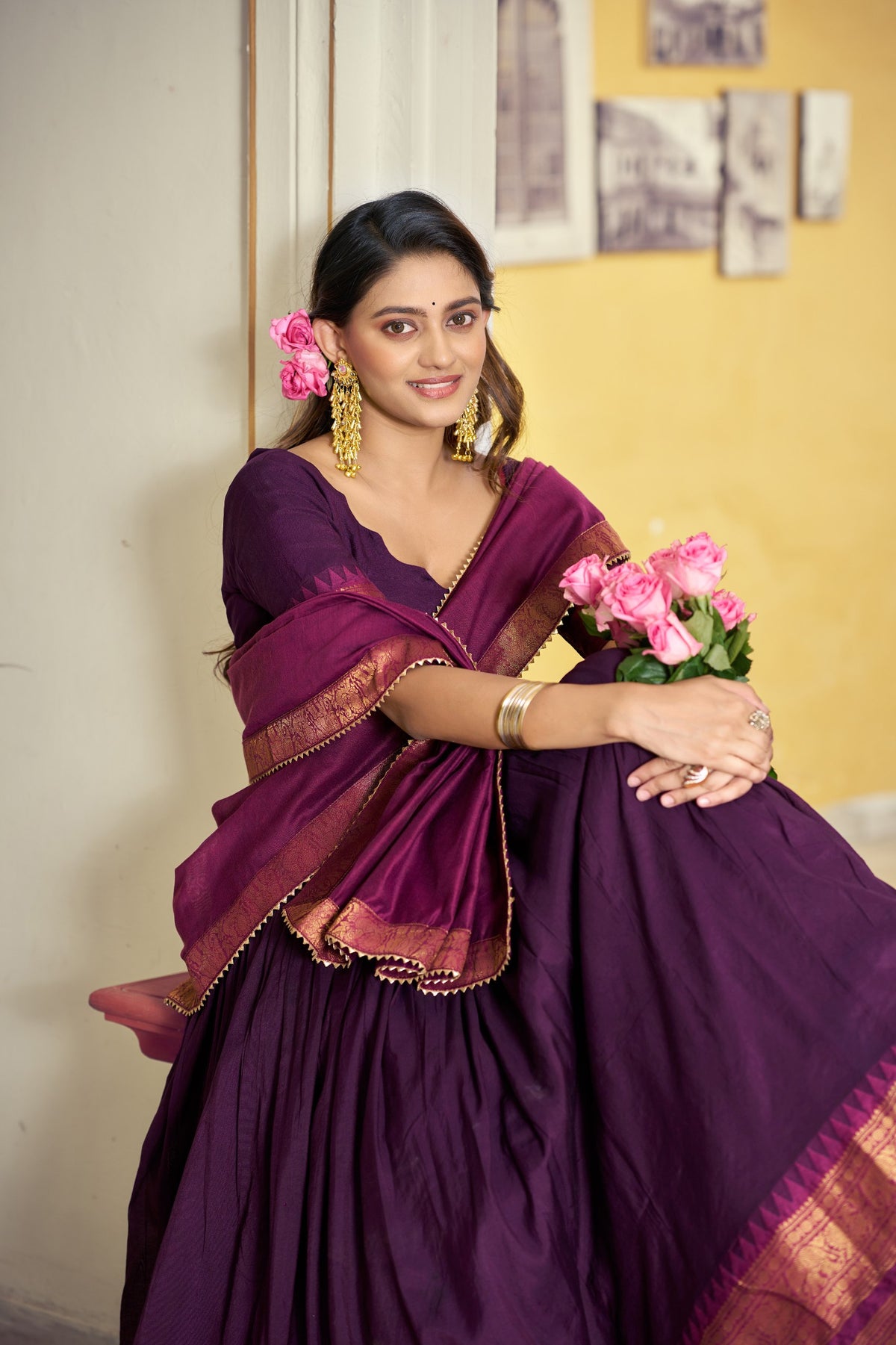 Dark Purple South Indian Poly Cotton Lehenga Choli Set