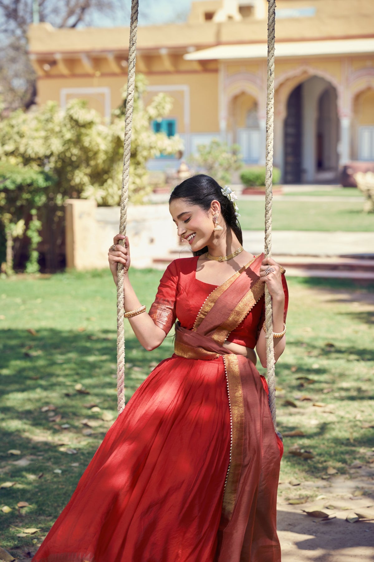 Rust South Indian Poly Cotton Lehenga Choli Set