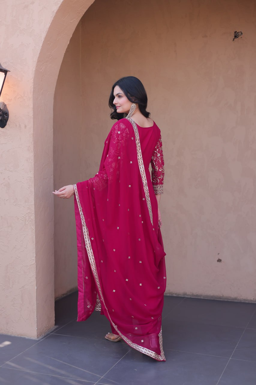 Pink Faux Blooming Embroidered Gown Set with Dupatta