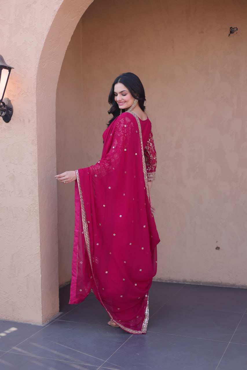 Pink Faux Blooming Embroidered Gown Set with Dupatta
