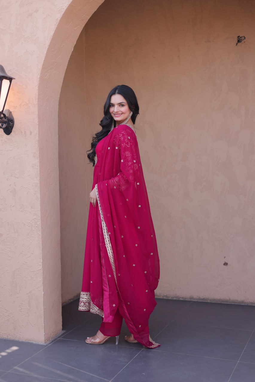 Pink Faux Blooming Embroidered Gown Set with Dupatta
