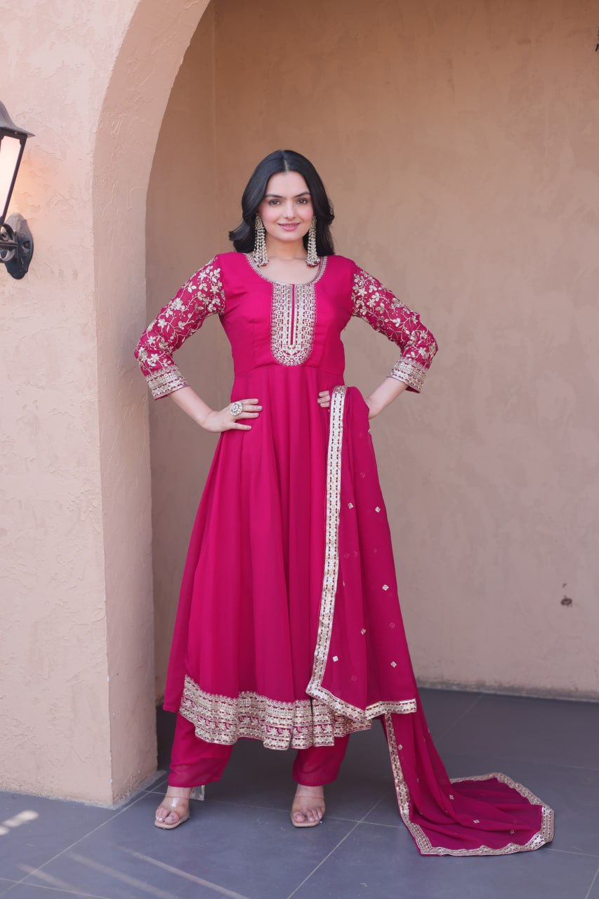 Pink Faux Blooming Embroidered Gown Set with Dupatta