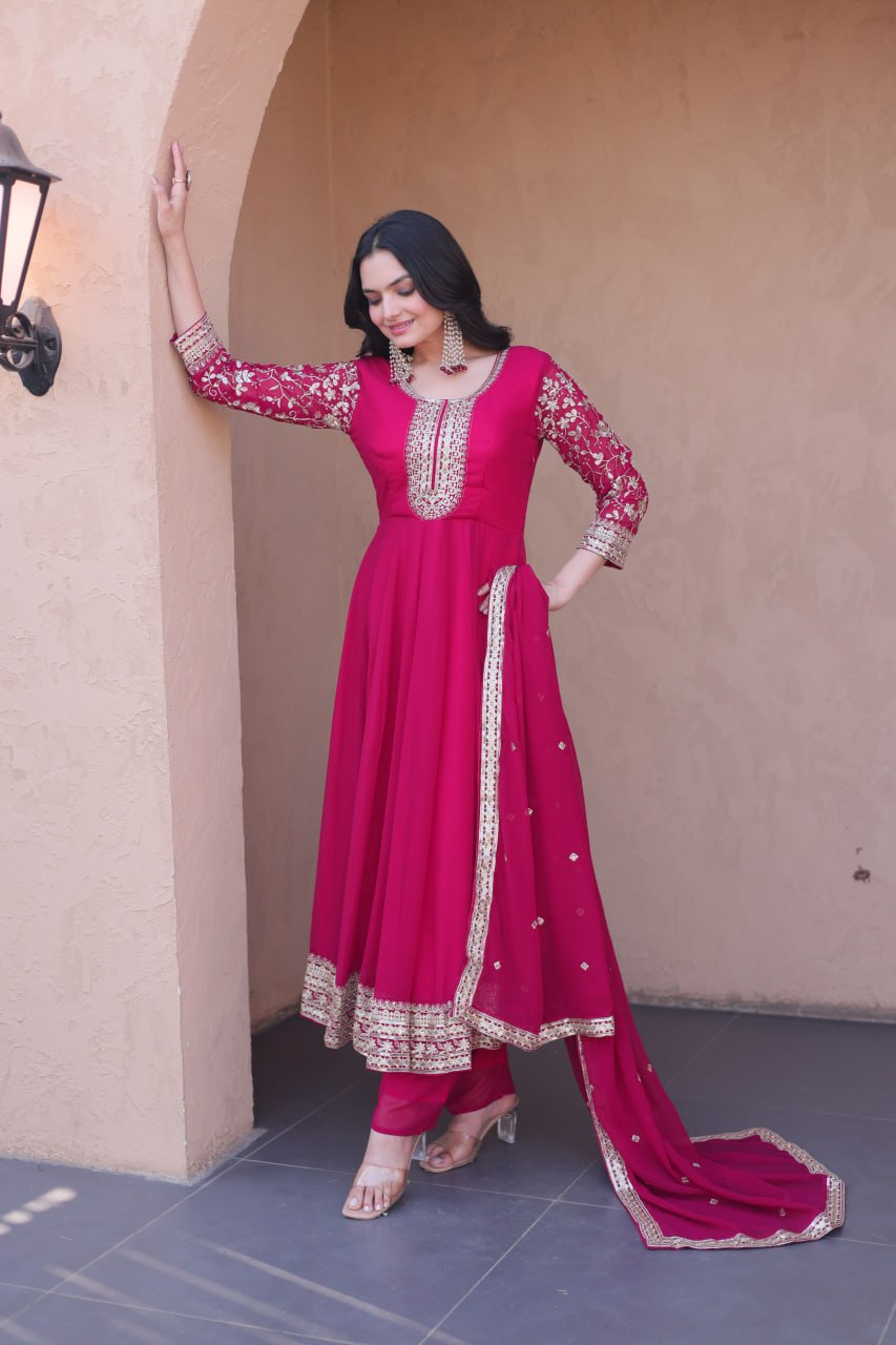 Pink Faux Blooming Embroidered Gown Set with Dupatta