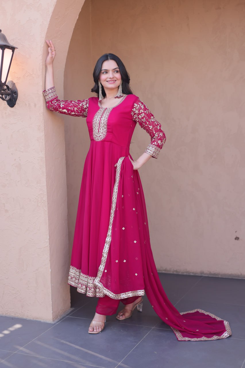 Pink Faux Blooming Embroidered Gown Set with Dupatta