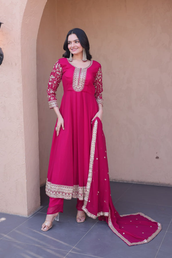 Pink Faux Blooming Embroidered Gown Set with Dupatta