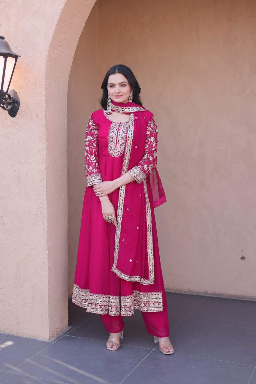 Pink Faux Blooming Embroidered Gown Set with Dupatta