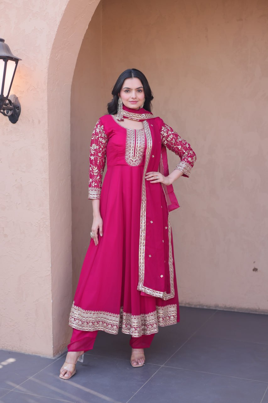 Pink Faux Blooming Embroidered Gown Set with Dupatta