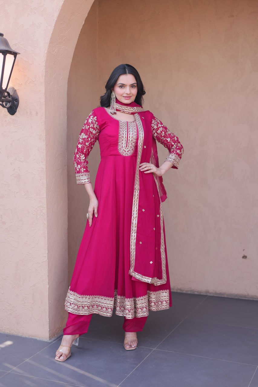 Pink Faux Blooming Embroidered Gown Set with Dupatta
