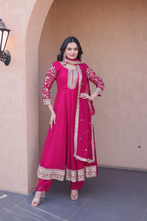 Pink Faux Blooming Embroidered Gown Set with Dupatta