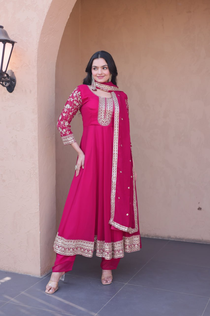 Pink Faux Blooming Embroidered Gown Set with Dupatta