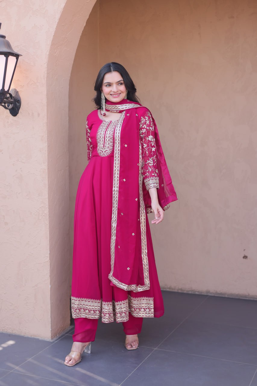 Pink Faux Blooming Embroidered Gown Set with Dupatta