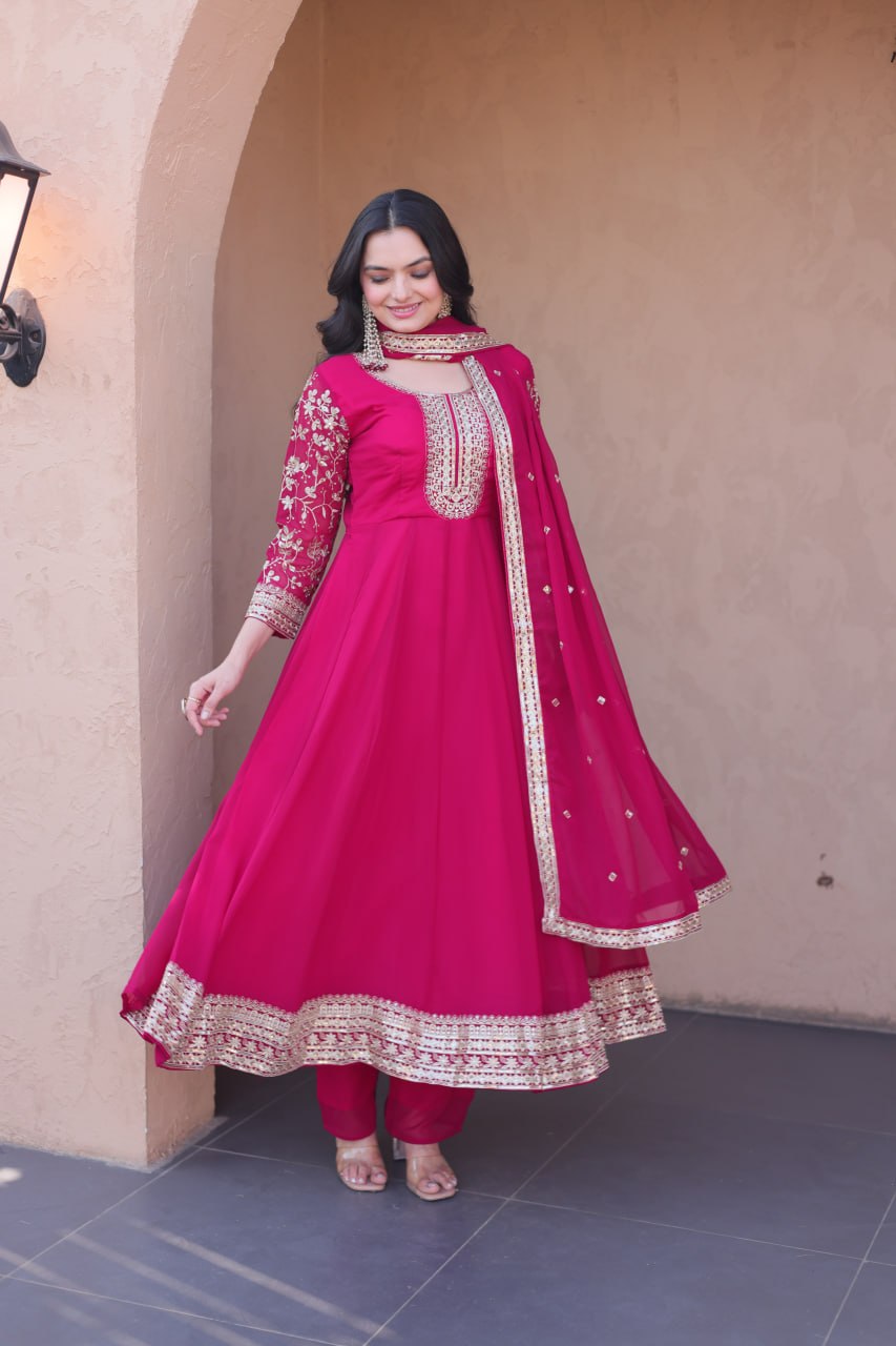 Pink Faux Blooming Embroidered Gown Set with Dupatta