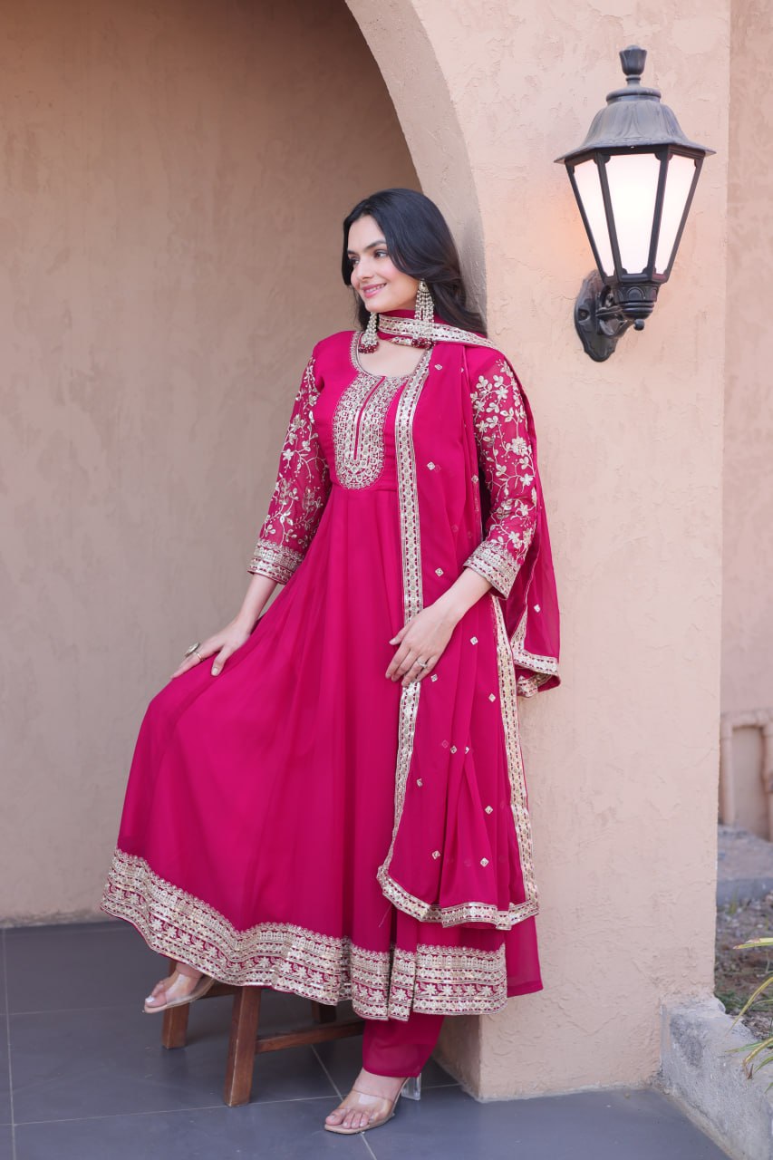 Pink Faux Blooming Embroidered Gown Set with Dupatta