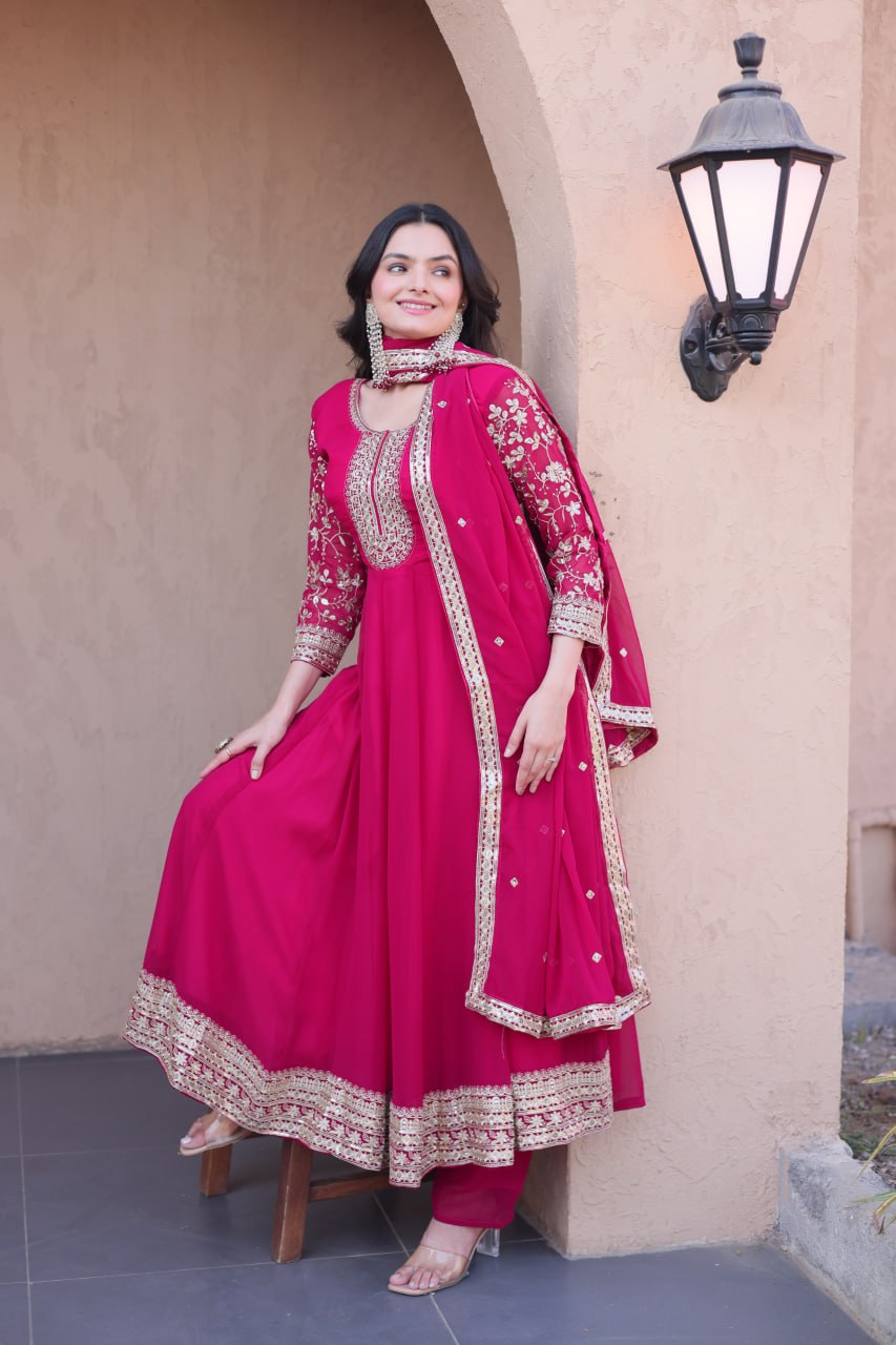 Pink Faux Blooming Embroidered Gown Set with Dupatta