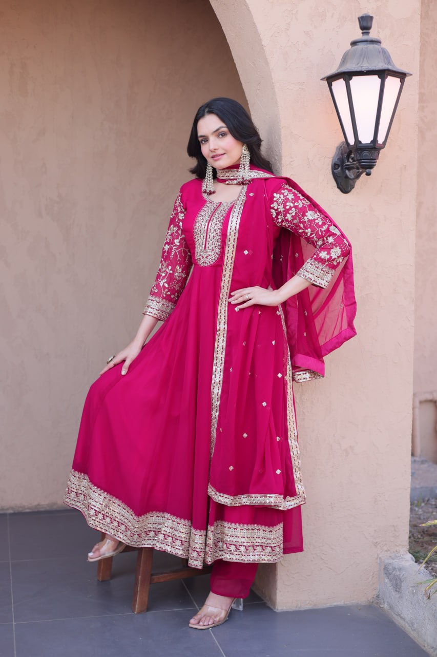 Pink Faux Blooming Embroidered Gown Set with Dupatta